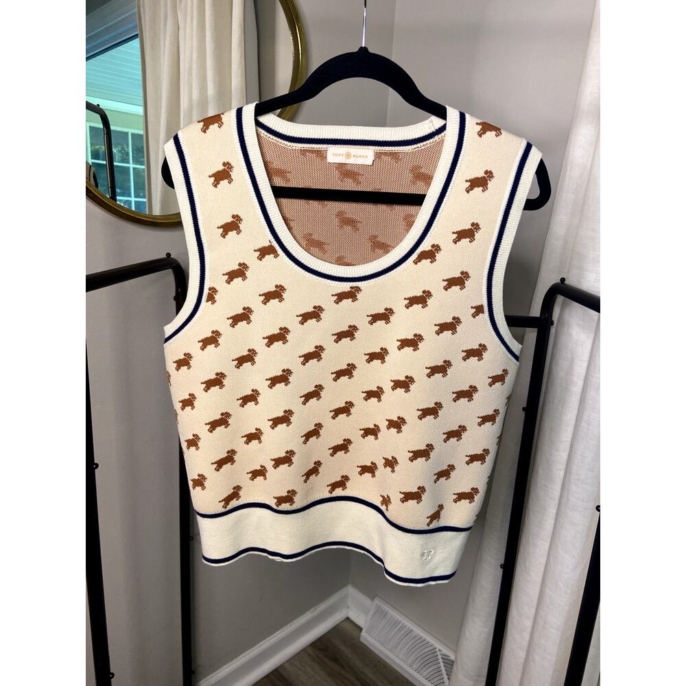 Tory Burch Jacquard Sweater Vest Dog Intarsia size L large - Picture 3 of 7